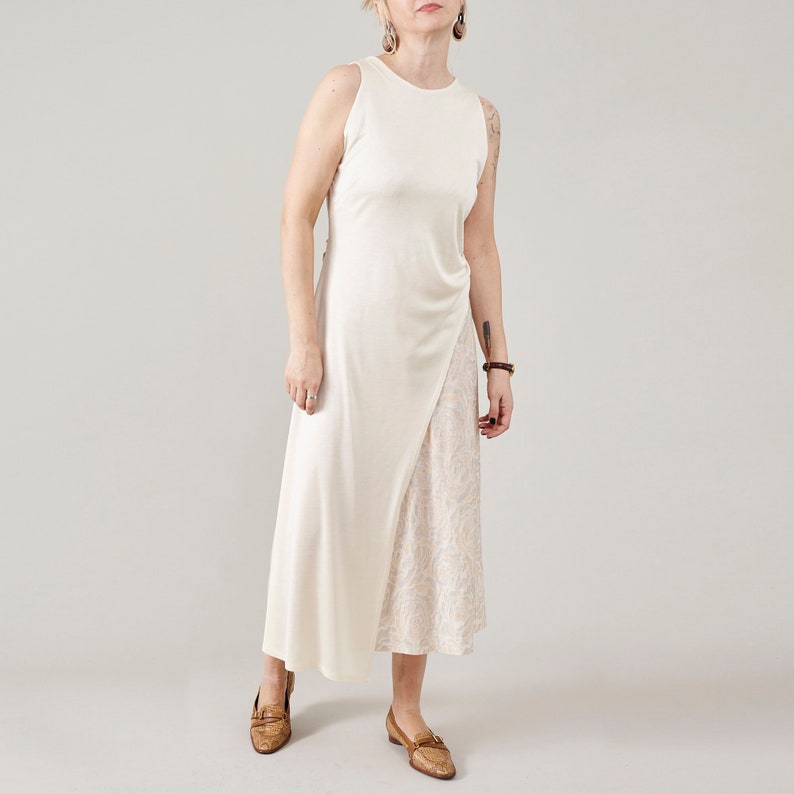 Cream asymmetric sleeveless midi dress in 100% silk jersey with floral jacquard by Fine Thee.