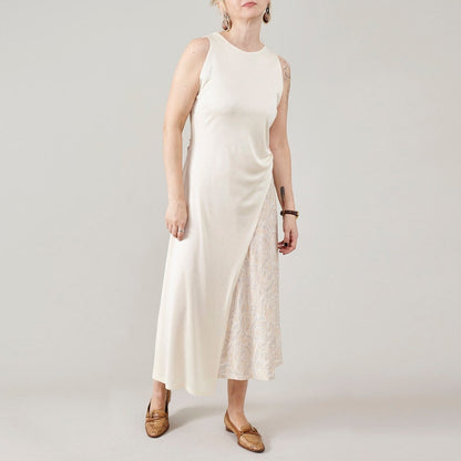 Cream asymmetric sleeveless midi dress in 100% silk jersey with floral jacquard by Fine Thee.