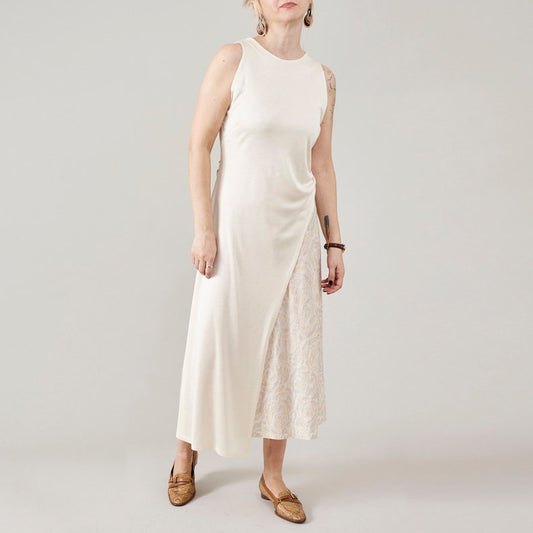 Cream asymmetric sleeveless midi dress in 100% silk jersey with floral jacquard by Fine Thee.