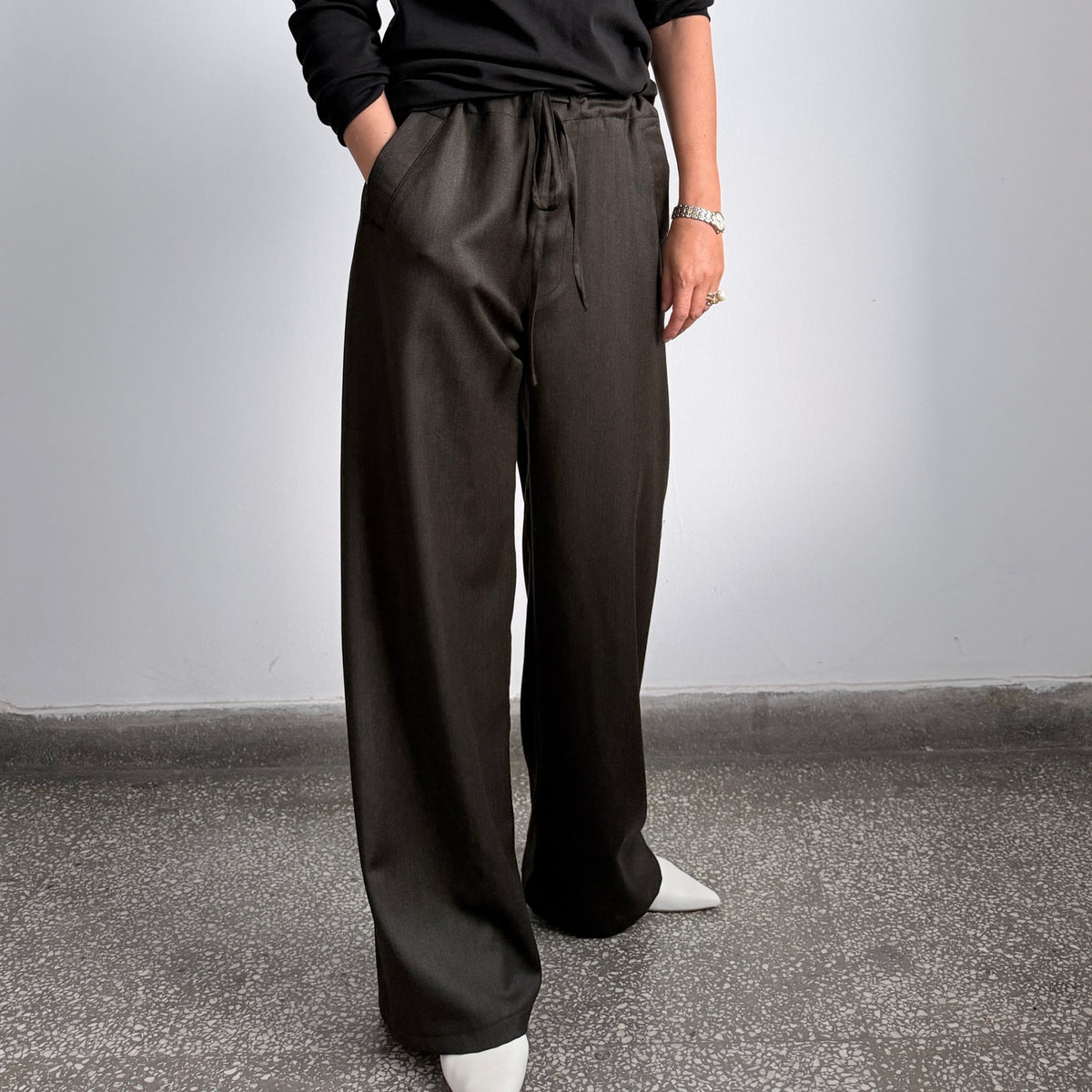 Chocolate brown 100% wool wide-leg drawstring pants by Fine Thee