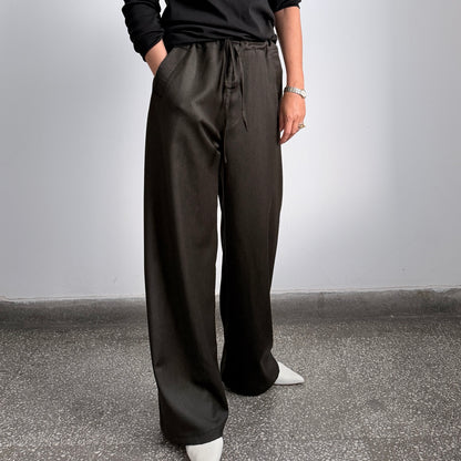 Chocolate brown 100% wool wide-leg drawstring pants by Fine Thee