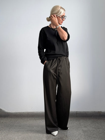 Chocolate brown 100% wool wide-leg drawstring pants by Fine Thee
