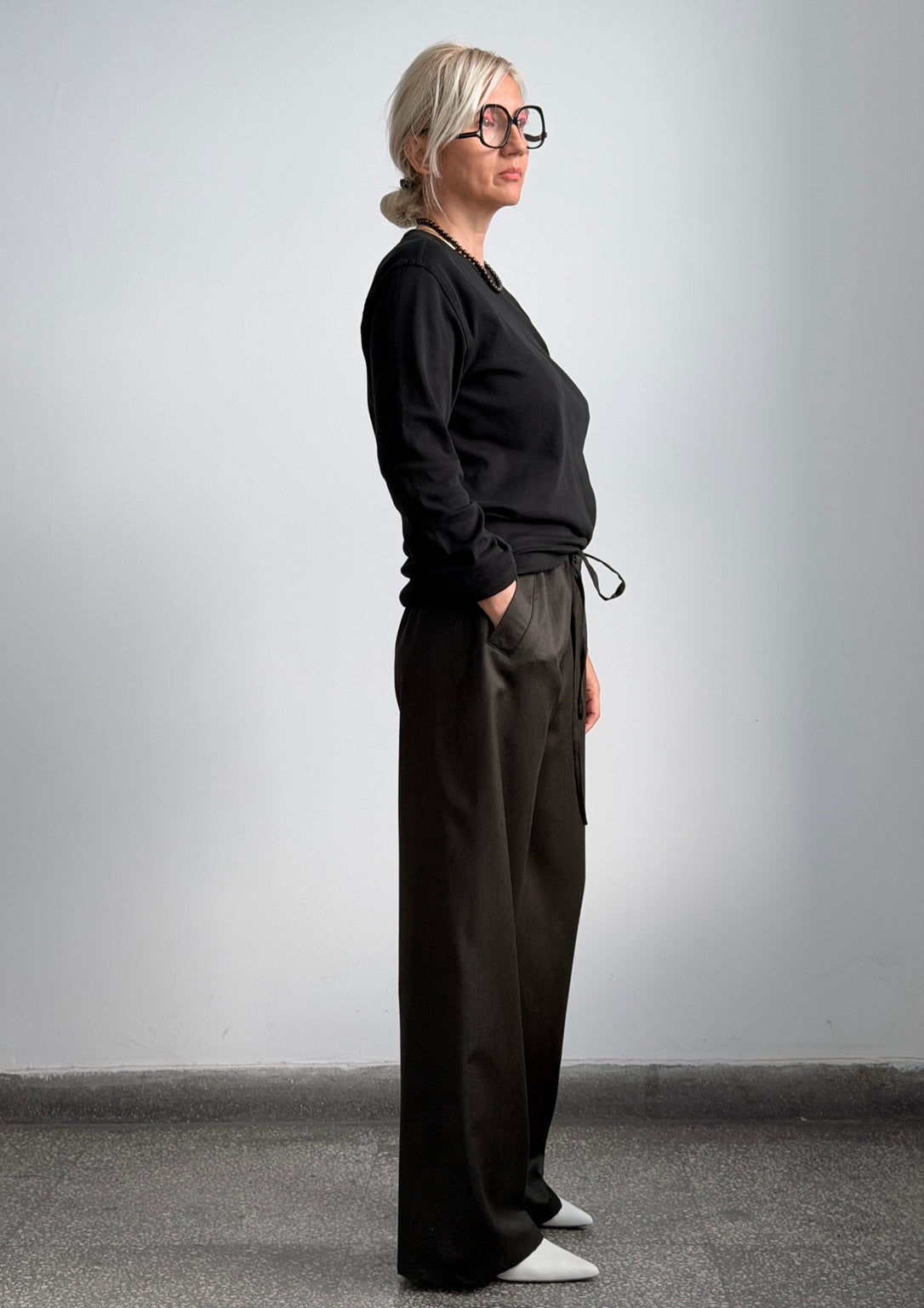 Chocolate brown 100% wool wide-leg drawstring pants by Fine Thee