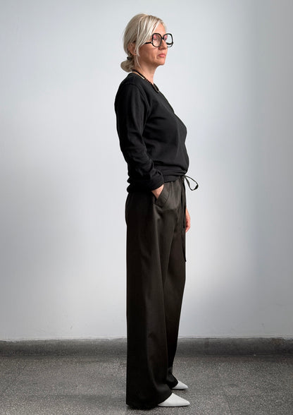 Chocolate brown 100% wool wide-leg drawstring pants by Fine Thee