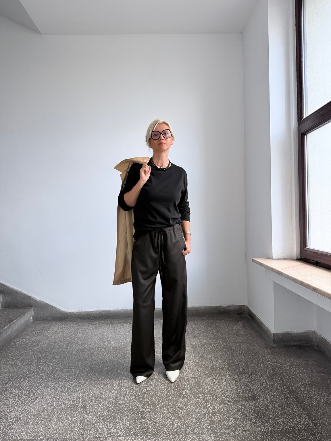 Chocolate brown 100% wool wide-leg drawstring pants by Fine Thee