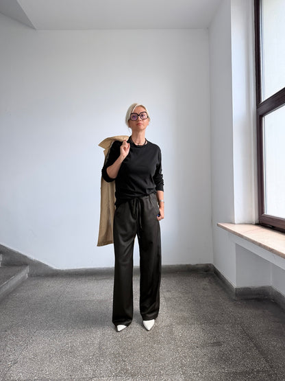 Chocolate brown 100% wool wide-leg drawstring pants by Fine Thee