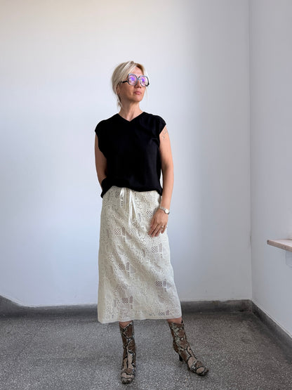 Ivory openwork wool skirt with pure silk drawstring waist