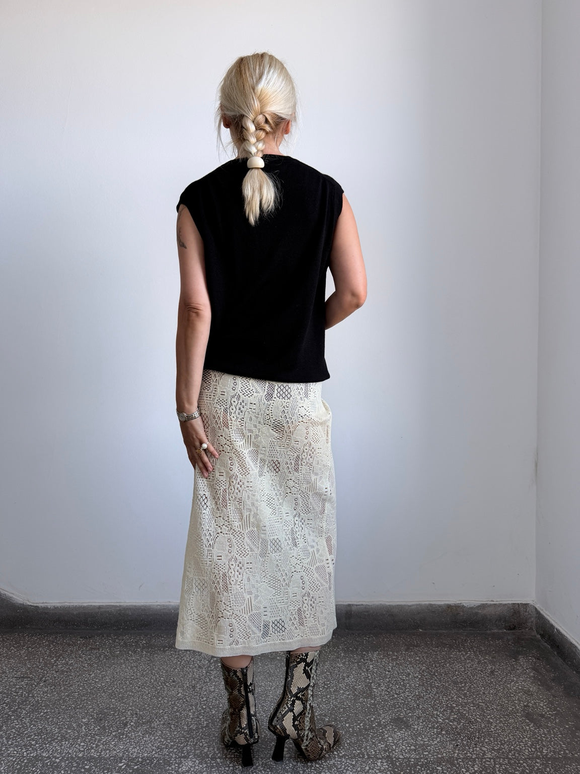 Cream sheer wool midi skirt back view