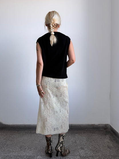 Cream sheer wool midi skirt back view