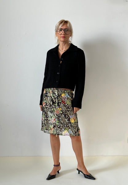 Floral black and gold silk brocade drawstring skirt by Fine Thee