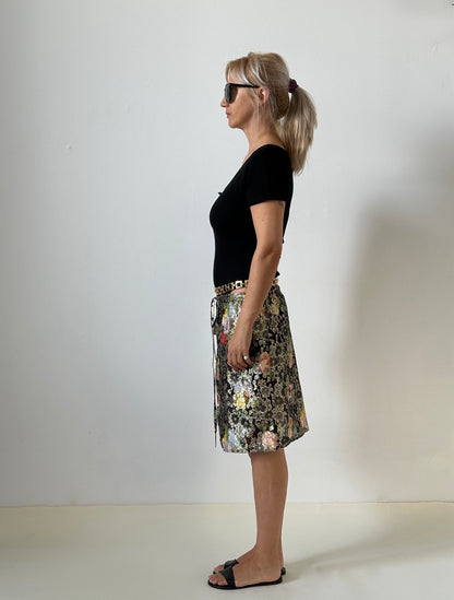 Floral black and gold silk brocade drawstring skirt by Fine Thee
