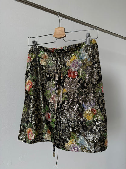 Floral black and gold silk brocade drawstring skirt by Fine Thee