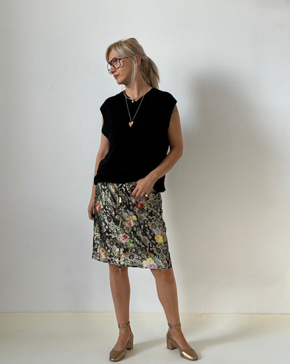 Floral black and gold silk brocade drawstring skirt by Fine Thee