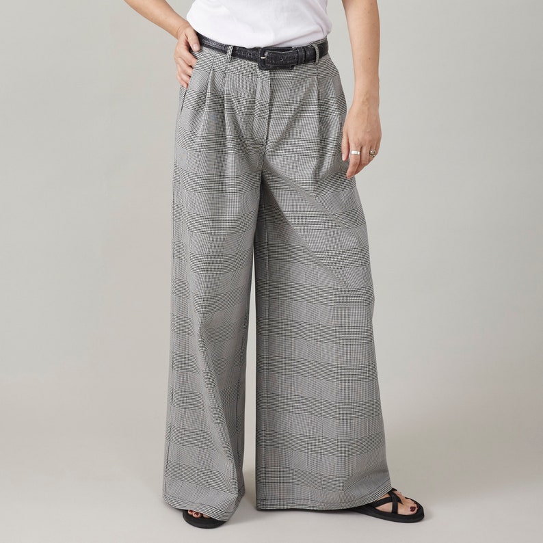 Glen Check Cotton Wide-Leg Pants – High-Rise Pleated by Fine Thee, product image 1