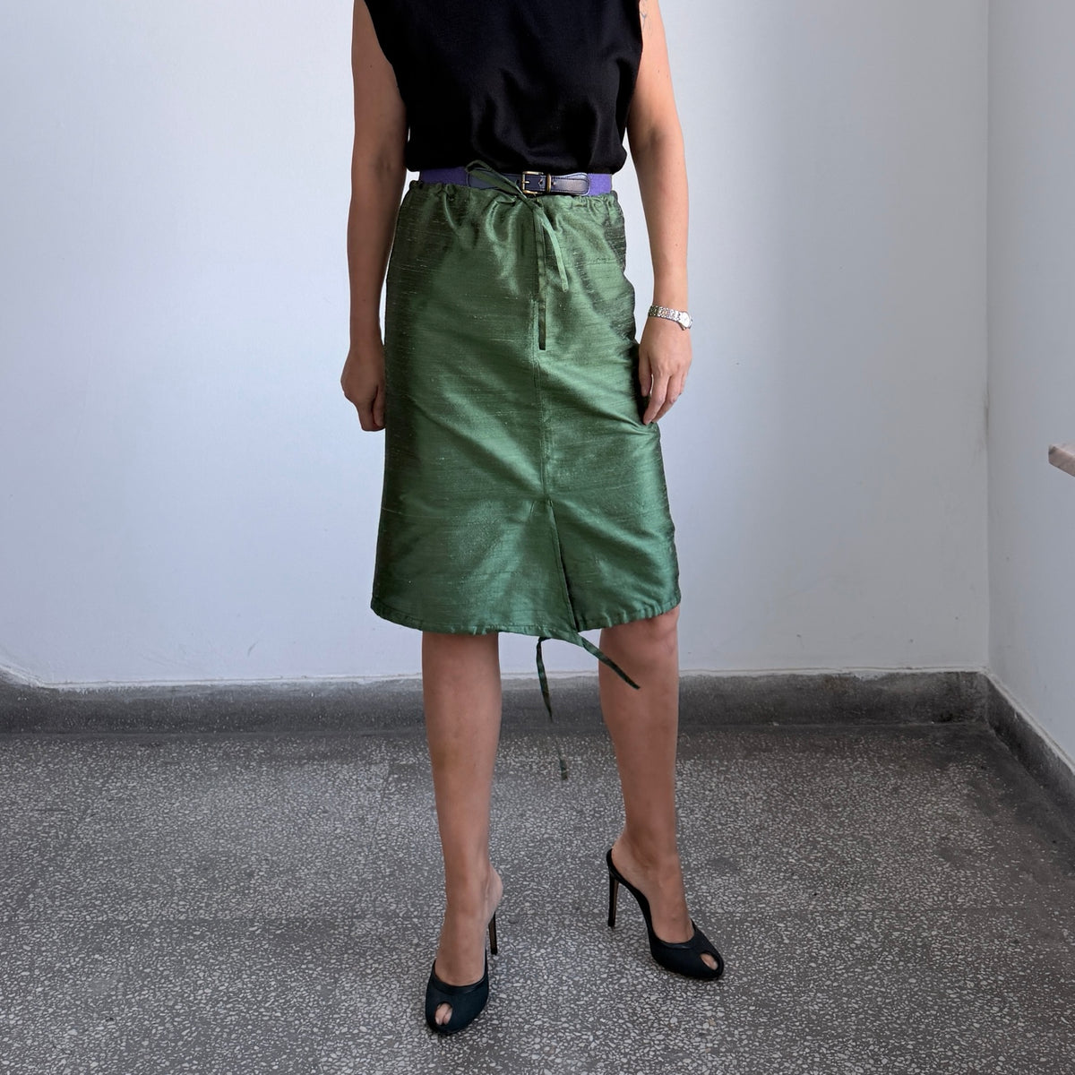 Green pure silk drawstring midi skirt front view