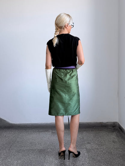 Green silk drawstring skirt front styling