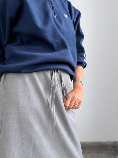 Fine Thee grey 100% wool A-line midi skirt with drawstring waist and viscose lining