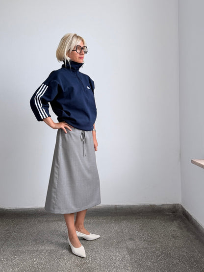 Fine Thee grey 100% wool A-line midi skirt with drawstring waist and viscose lining