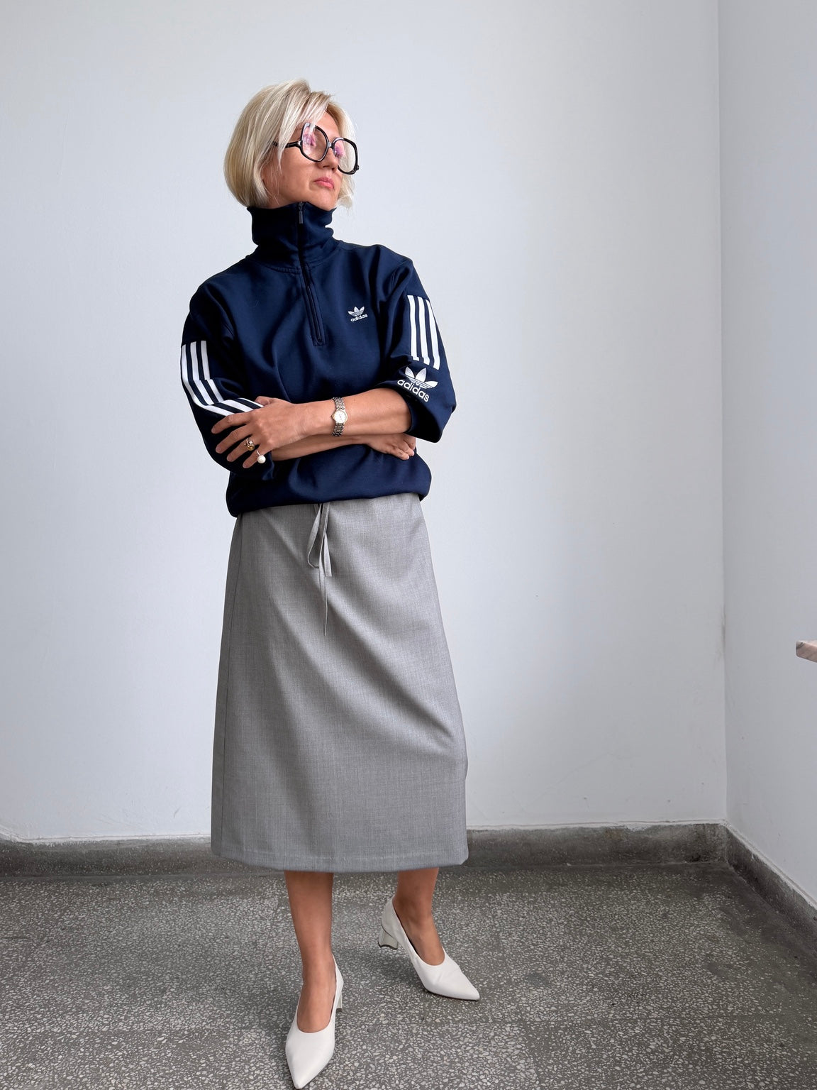 Fine Thee grey 100% wool A-line midi skirt with drawstring waist and viscose lining