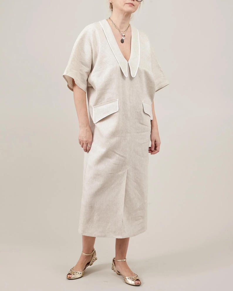 Linen Blouson Midi Dress – V-Neck, Piped Pockets by Fine Thee, product image 1