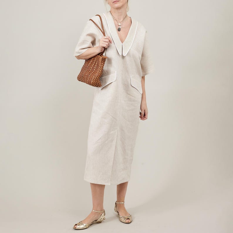 Linen Blouson Midi Dress – V-Neck, Piped Pockets by Fine Thee, product image 2