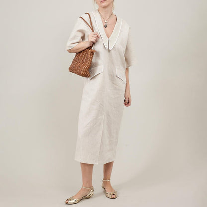 Linen Blouson Midi Dress – V-Neck, Piped Pockets by Fine Thee, product image 2