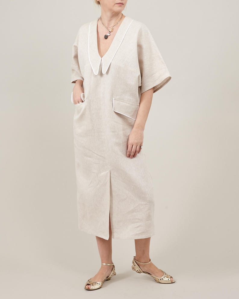 Linen Blouson Midi Dress – V-Neck, Piped Pockets by Fine Thee, product image 3
