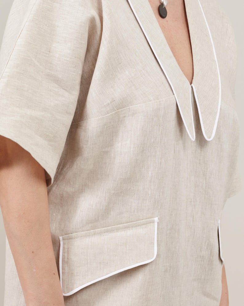 Linen Blouson Midi Dress – V-Neck, Piped Pockets by Fine Thee, product image 4