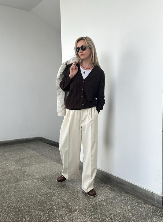 Off-White Cotton Wide-Leg Pants – High-Waisted by Fine Thee, product image 1