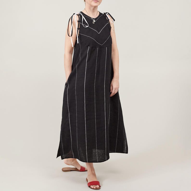 Striped Linen Maxi Dress – A-Line, Adjustable Ties by Fine Thee, product image 1