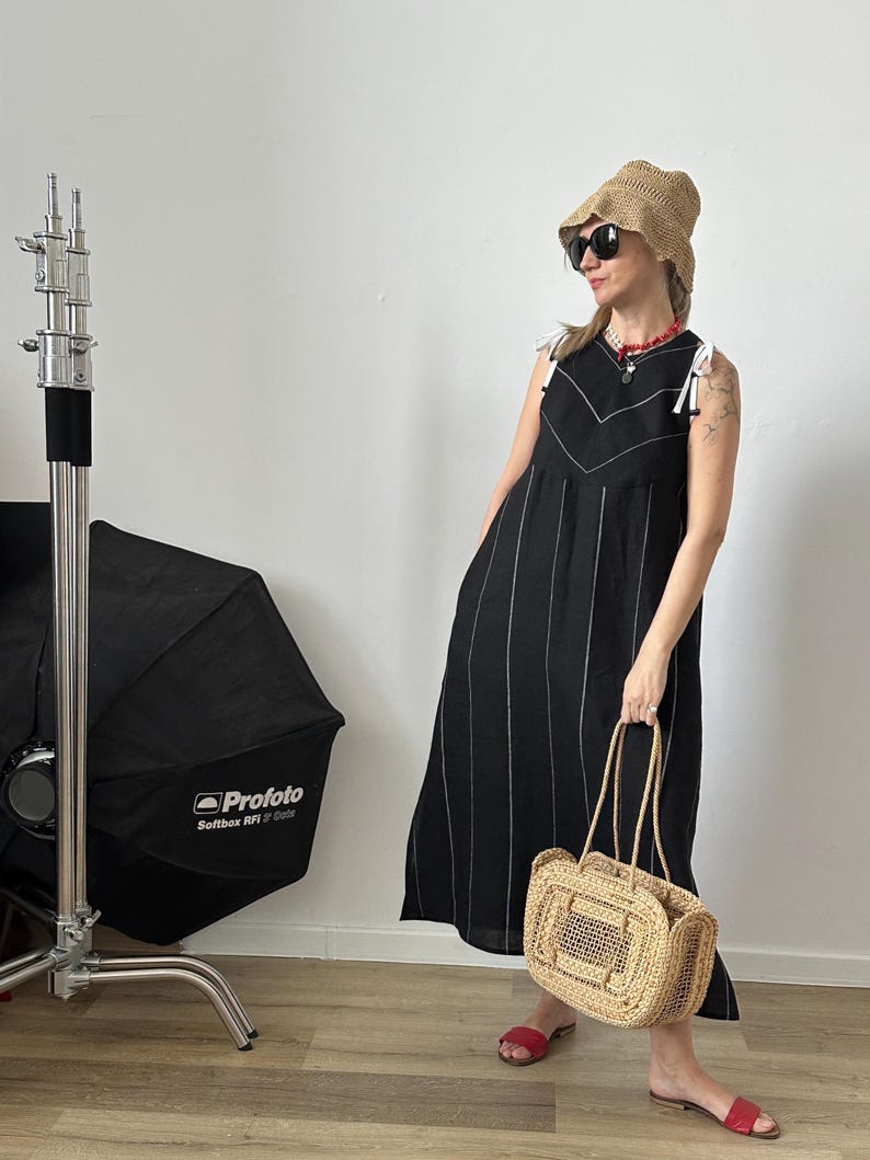 Striped Linen Maxi Dress – A-Line, Adjustable Ties by Fine Thee, product image 3