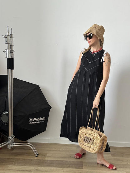 Striped Linen Maxi Dress – A-Line, Adjustable Ties by Fine Thee, product image 3