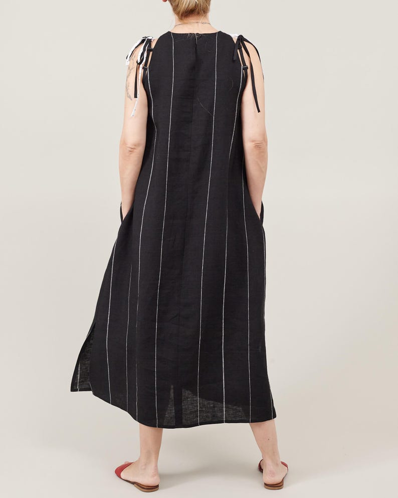 Striped Linen Maxi Dress – A-Line, Adjustable Ties by Fine Thee, product image 5