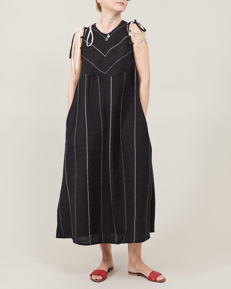 Striped Linen Maxi Dress – A-Line, Adjustable Ties by Fine Thee, product image 6