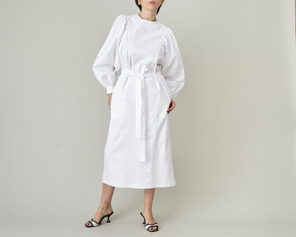 White Cotton Midi Dress – Puffed Sleeves, Tie Waist by Fine Thee, product image 1