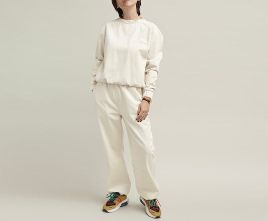 White Cotton Two-Piece Set – Elastic-Waist Pants and Top by Fine Thee, product image 1