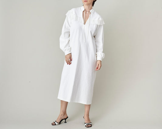 White Waffle Cotton Midi Dress – Silk Ruffle Details by Fine Thee, product image 1