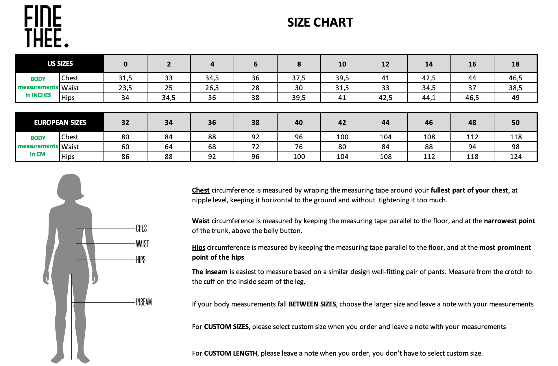 Size chart for clothing with measurements in inches and centimeters, including a silhouette of a person.