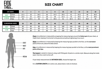 Fine Thee women's size chart with US sizes 0–18, EU sizes 32–50, body measurements and custom length guidance