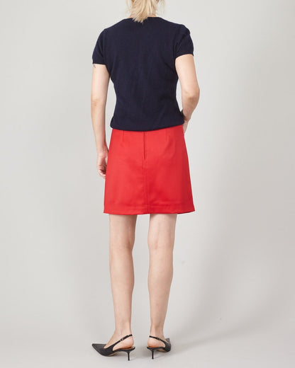 Person wearing a navy top and red skirt on a plain background