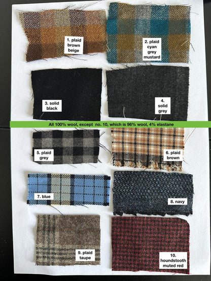 Fabric swatches with various plaid and solid patterns on a white background