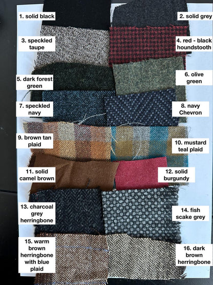 Collection of fabric swatches with labels on a blue background