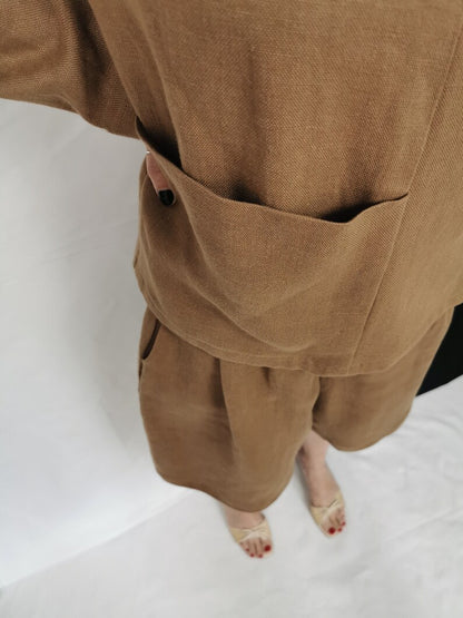 Handmade Two Piece Linen Set for Women, Chic Minimalist Long Sleeve Blouse with Side Button Up and Bermuda Shorts with High Rise and Pleats