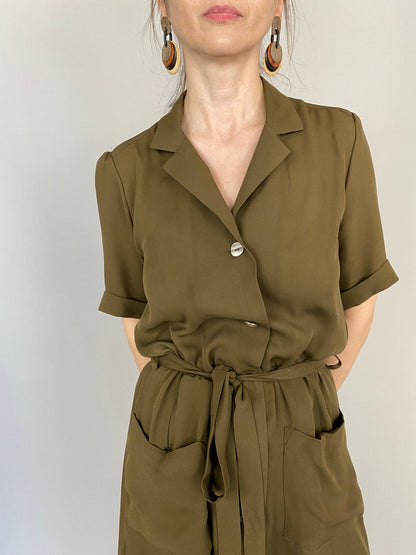 Handmade 100% Silk Midi Shirt Dress for Women Khaki Brown, Tie-Waist, Airy Summer Dress for Work or Casual Outings