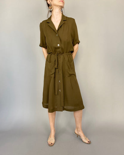 Handmade 100% Silk Midi Shirt Dress for Women Khaki Brown, Tie-Waist, Airy Summer Dress for Work or Casual Outings