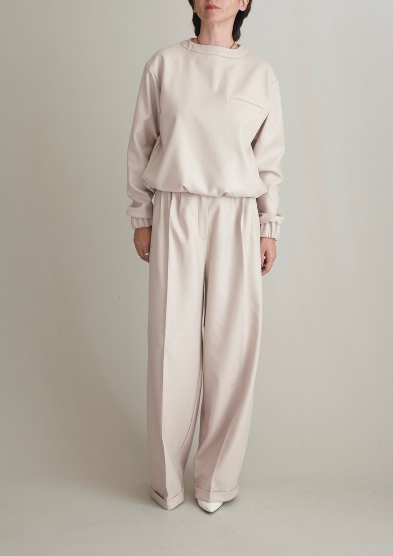 Two Piece Set for Women | Wide Leg Pants and Matching Blouse | Wool Pants and Matching Blouse