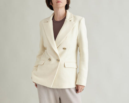 Handmade Wool Blazer for Women, White Tweed Suit Jacket, Double Breasted Cut, Elegant Classic Design, Premium Italian Fabrics, Bold Colors