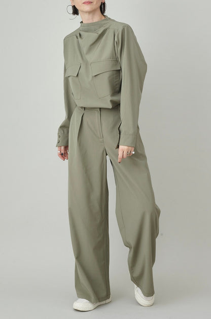 Custom Wool Two Piece Set | Drape Collar Blouse + Wide-Leg Pants | Quiet Luxury Monochrome Suit | Tailored Workwear for Women