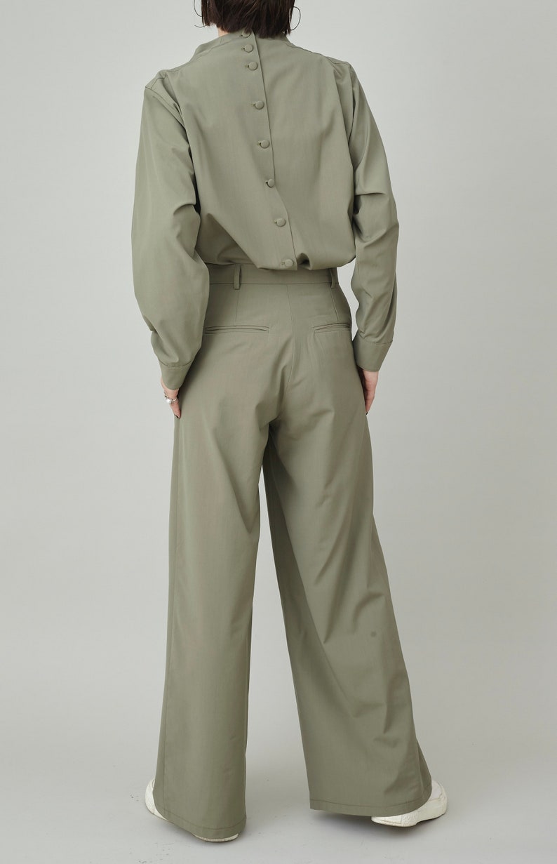 Custom Wool Two Piece Set | Drape Collar Blouse + Wide-Leg Pants | Quiet Luxury Monochrome Suit | Tailored Workwear for Women