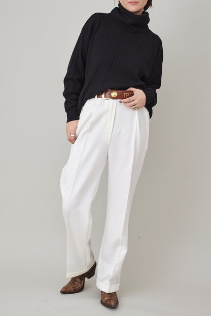 White Wool Pants for Women, Pleated, High Waist Straight-Leg Tailored Trousers with Ironed Crease, Elegant Bottoms for Formal Outfits